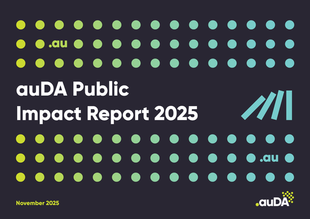 The landscape version of the cover of the auDA Public Impact Report 2025, published November 2025. It is a charcoal background with a dot grid surrounding the title. The dots are coloured as a gradient moving from wattle green to sky blue.