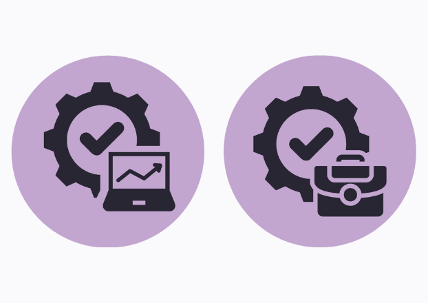 Icons showing gears with a laptop and briefcase.